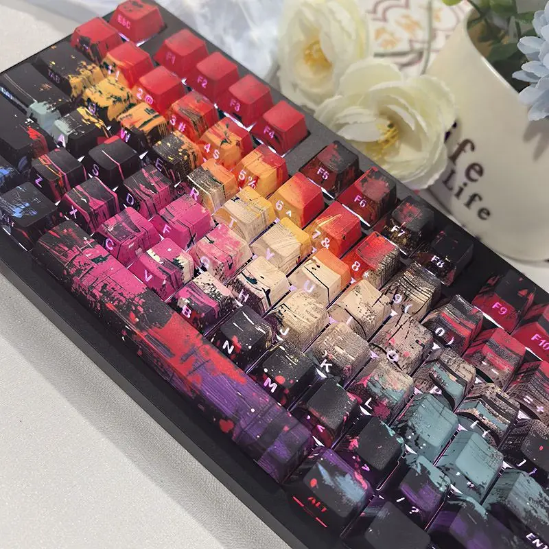 100 Keys Oil Painting Graffiti Keycap Cute Keycaps Chreey Profile PBT Key Cap for MX Switch Wooting60 He Mechanical Keyboard