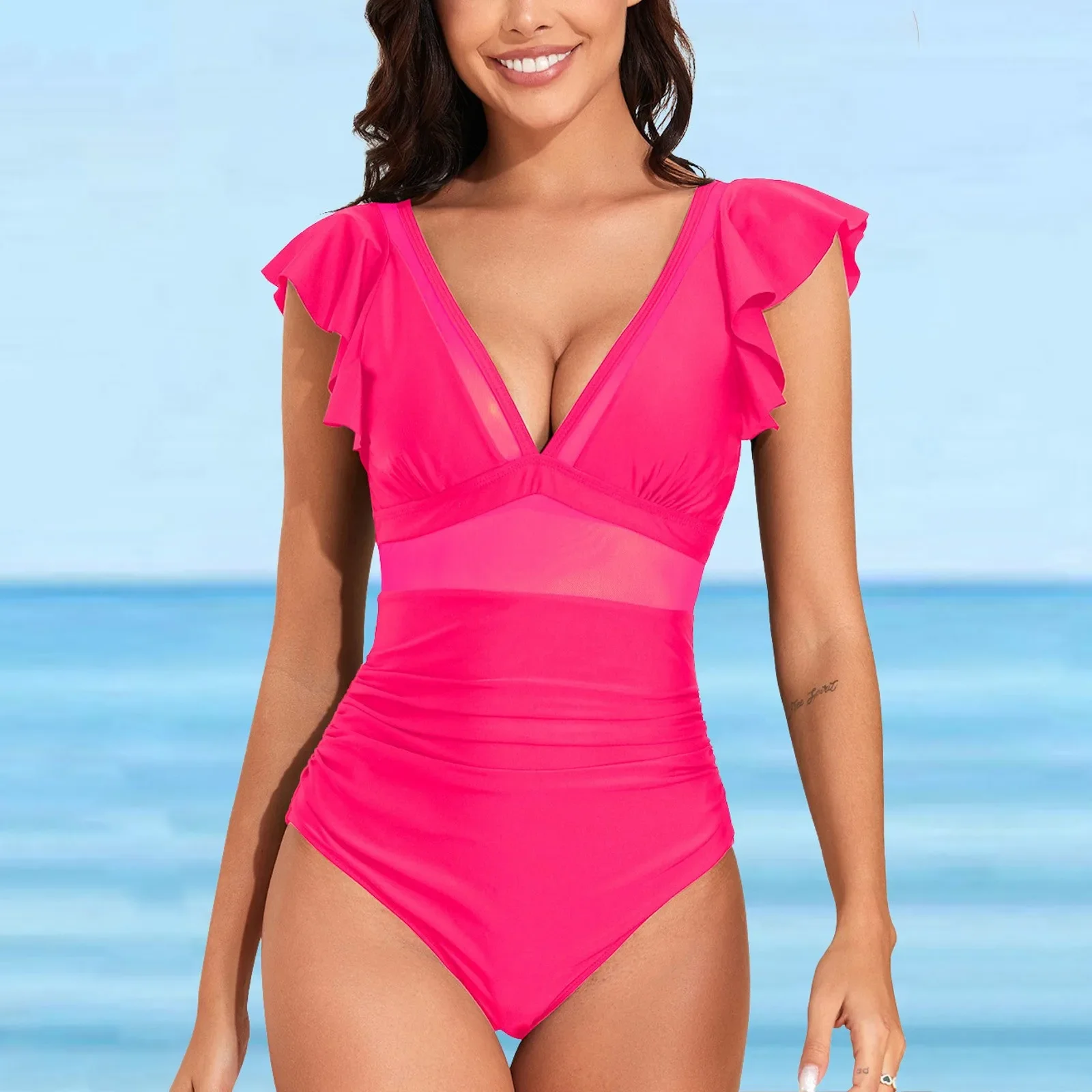 Women Sport Shirred Tank Bikini Swimsuit Sexy Deep V-Neck Waist Mesh One-Piece Swimsuit Outfit For Summer trajes de baño mujer