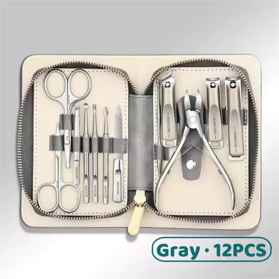 CMGF 12 ชิ้นชุดดูแลส่วนบุคคลพร้อมกระเป๋าหนัง, กรรไกรตัดเล็บ, กรรไกรตัดเล็บเฉียง, ก้ามหนังกําพร้า, Pusher ผิวที่ตายแล้ว