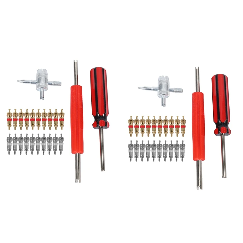 Valve Core Tool Set 40Pcs Valve Cores, 4-Way Valve Tool, Dual Single Head Valve Core Remover, Tire Repair Tool