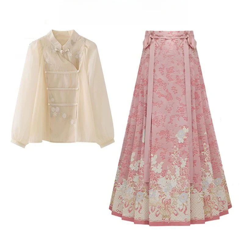 

New Chinese Sle Women's irt Thin Hanfu Skirt Set Autumn Winter Faion Design Sensation Traditional National Sle Blouse