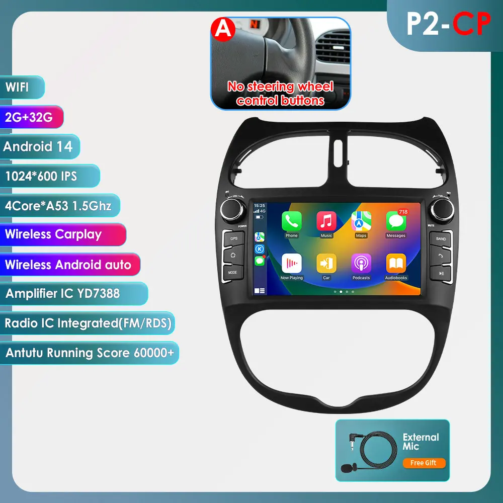Voor Peugeot 206 2001-2008 Autoradio Multimedia Video Player Navigatie GPS 4G Carplay Android 14 AutoRadio stereo 7 ''Hoofd Unit
