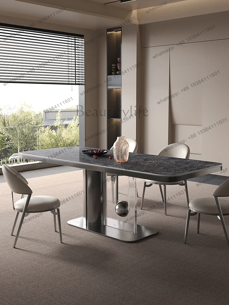 Light luxury rock slab dining table High-end black luxury stone Italian minimalist modern designer dining table