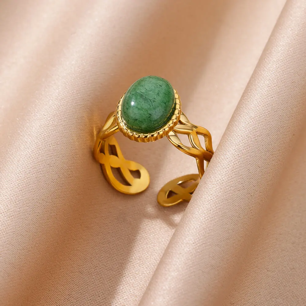 Green Natural Stone Stainless Steel Rings For Women Gold Color Vintage Ring Wedding Waterproof Fashion Christmas Jewelry Femme