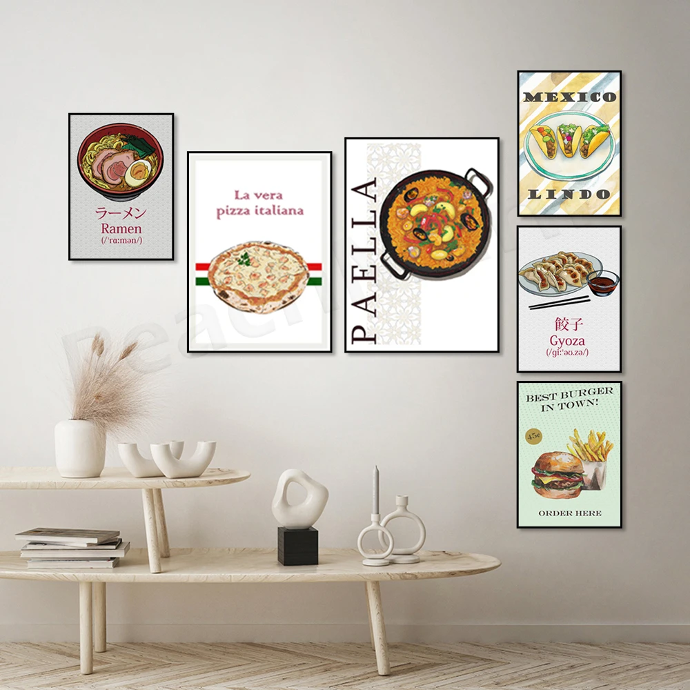 Vintage Japanese Ramen, Traditional Spanish Paella, Mexican Tacos, La Vera Italian Pizza, Burgers, American Diner Style Poster