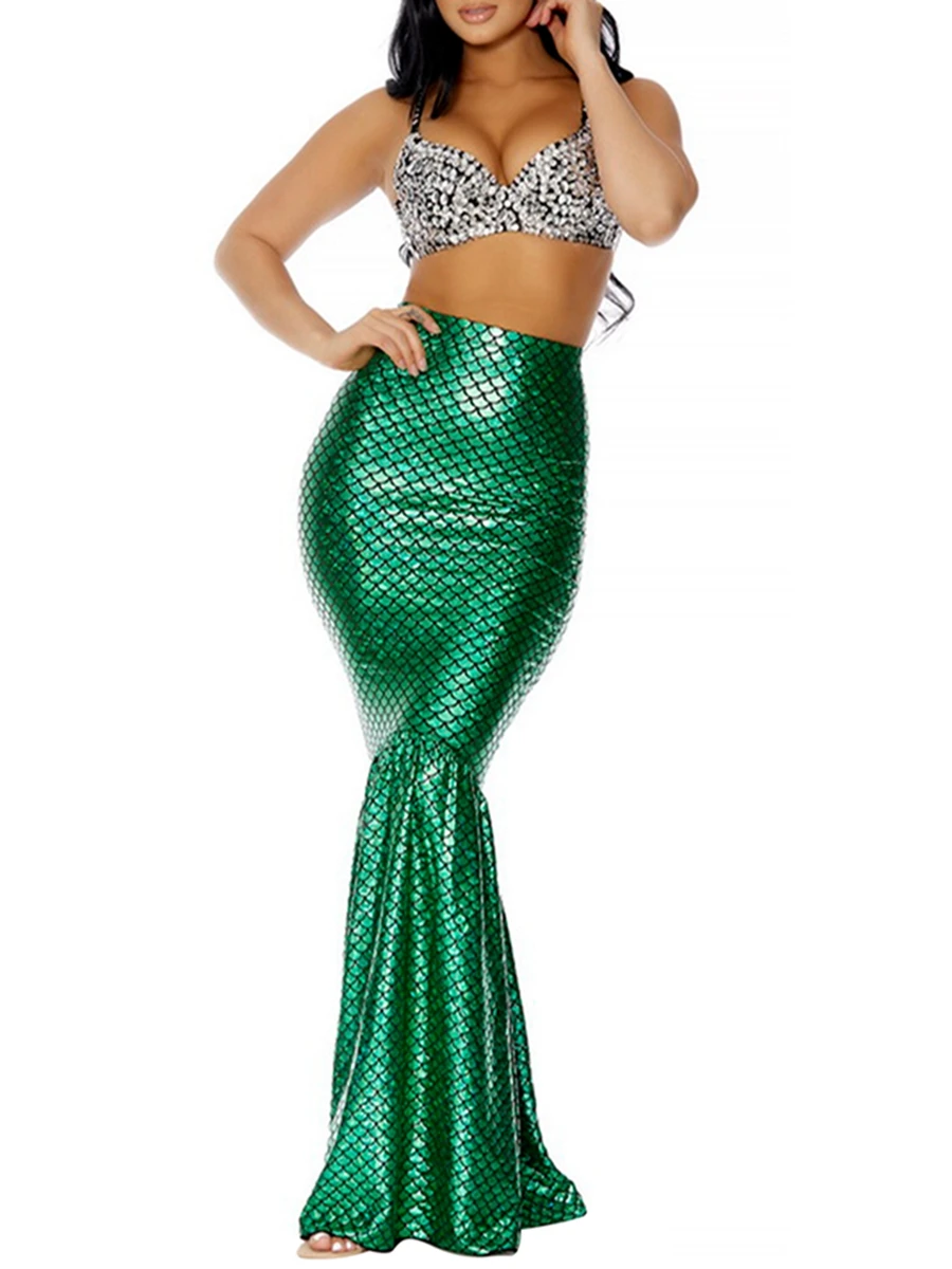 Women Bodycon Mermaid Party Long Dress Sleeveless Backless Ruffle Sequin Long Tail Cosplay Costume Fancy Dress