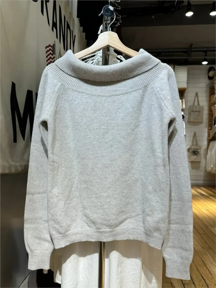 Maglione lavorato a maglia sottile con scollo a barchetta grigio semplice da donna Maglioni casual in cotone a maniche lunghe Maglioni stile dolce preppy vintage Y2K