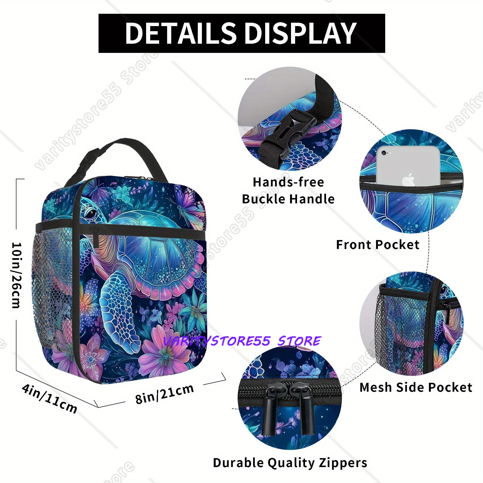Tropical Turtle Floral Butterfly Lunch Bag Portable Thermal Insulated Lunch Box for Storage Food Bags