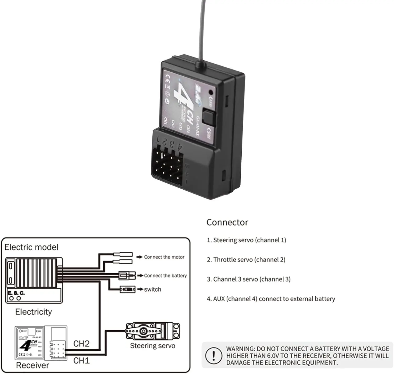 Control Remoto TX4 RC 2.4GHz TX-4, Sistema de Radio Digital de 4 Canales con Receptor para Coche o Barco RC 1/8 1/10