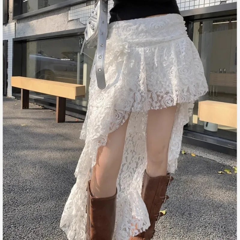 Irregular lace midi skirt for women in spring and summer, high waisted and slimming A-line cake and anti stripping skirt pants