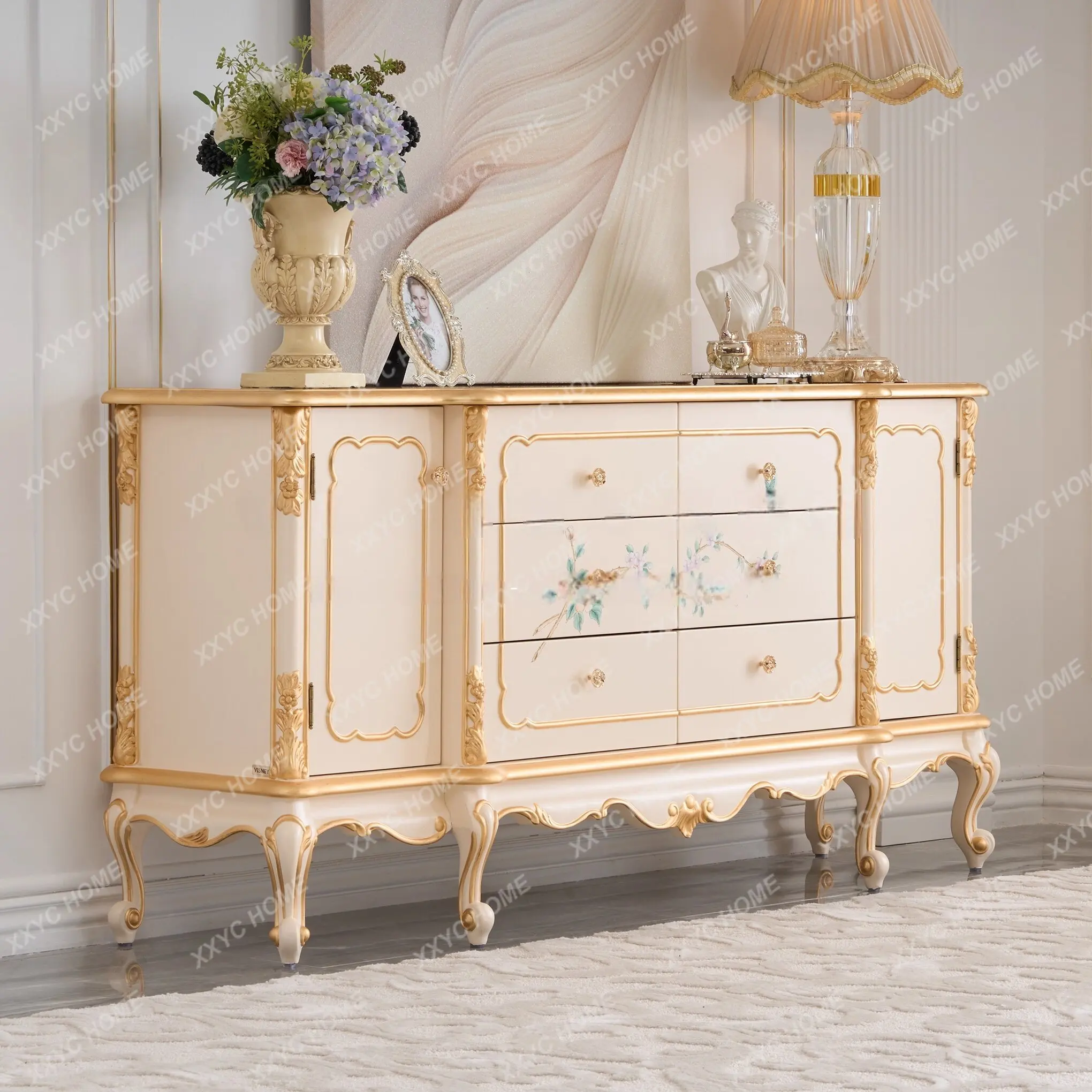 Solid wood dining side cabinet hand-painted retro white home entrance entrance cabinet high-end engraved art decoration cabinet