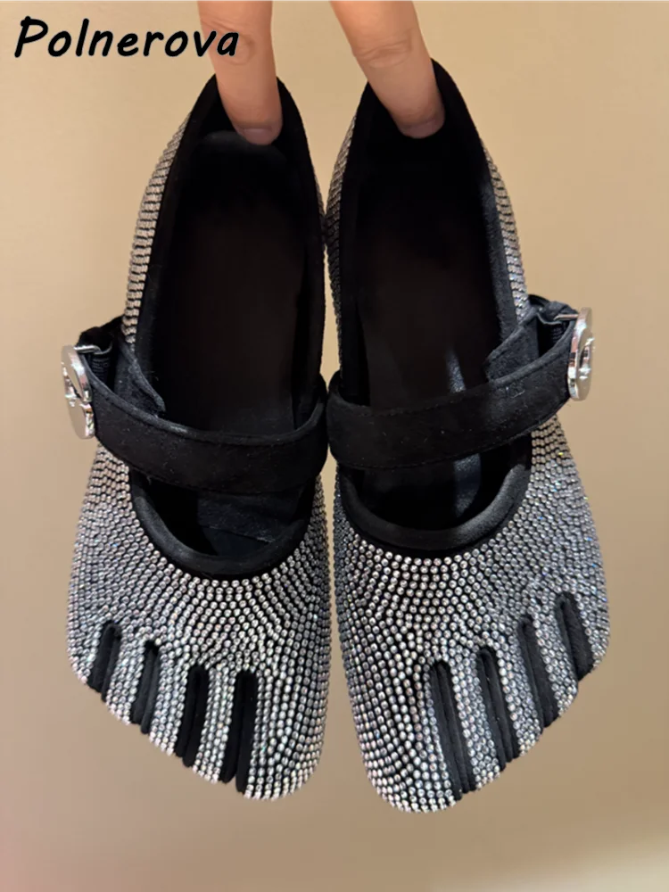 Rhinestone Five Finger Pumps Black Shallow Straight Strap Buckle Crystal Fashion Bling Shoes Women's Chic Design Shoes 2025