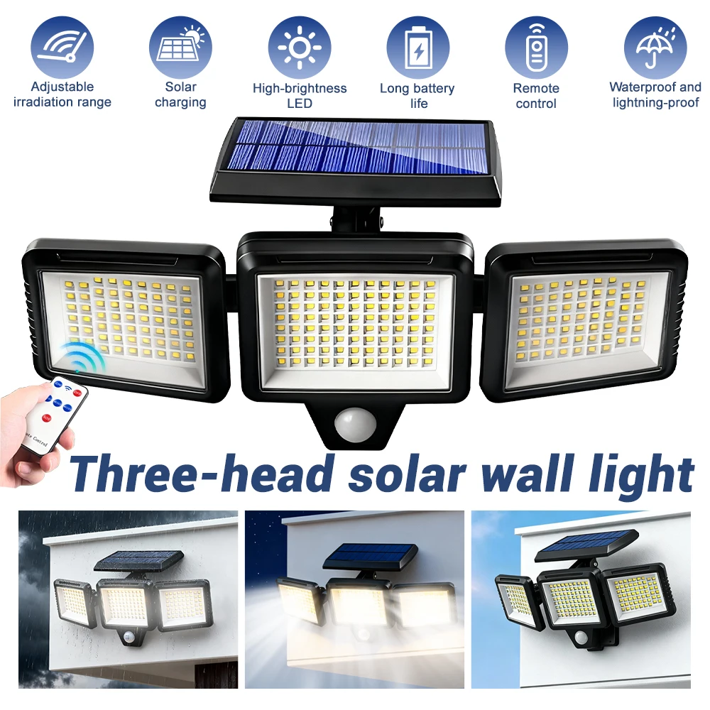 

Solar Lights Outdoor 2500LM 210 LED Wall Lamp IP65 Waterproof 3 Heads Adjustable Heads Security Flood Light with Remote Control