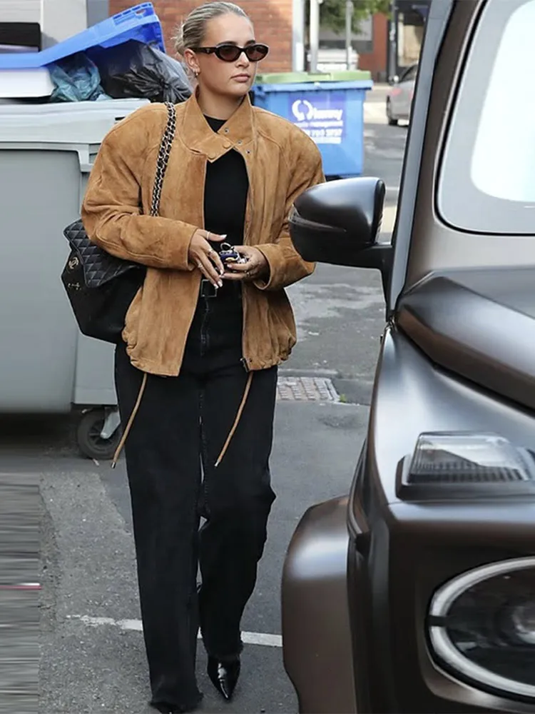 

Street Solid Loose Women's Bomber Coats Stand Collar Long Sleeve Drawstring Pocket Jackets New Autumn Cool Girls Locomotive Tops