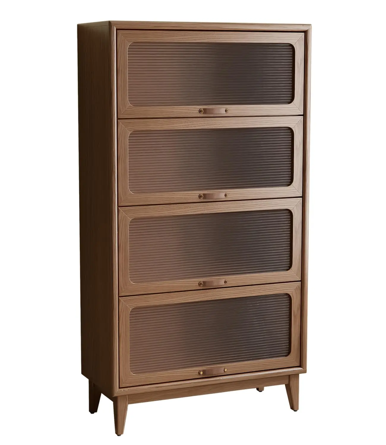 Solid Wood Bookcase 4 Tier Tempered Glass Flip-Up Doors 60Hx12.5Dx32W Brown Cube Storage Organizer Versatile Pantry Cabinet Kitc