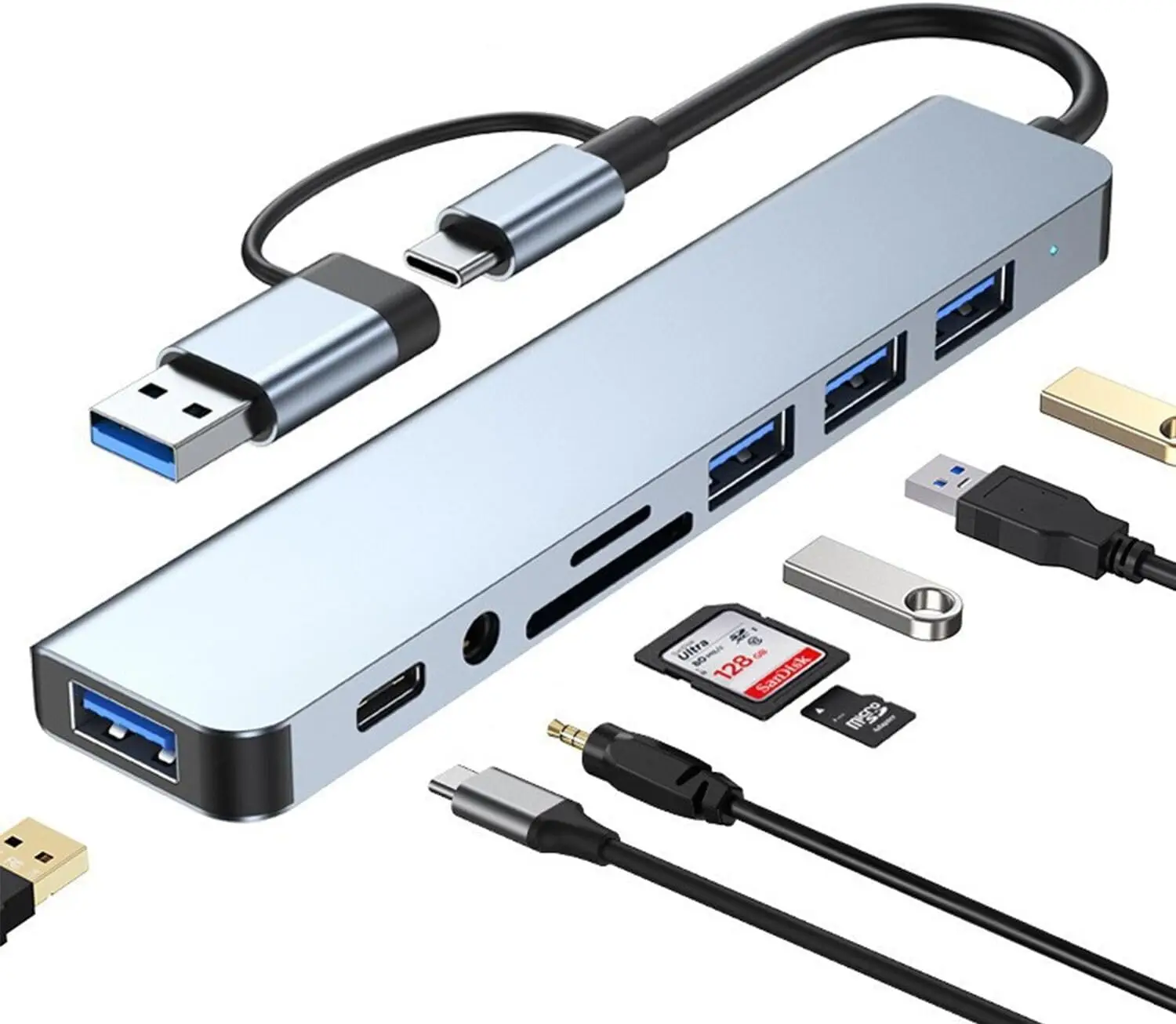 8 في 1 USB C Hub Splitter 4 منافذ USB 1 USB-C Jack TF/SD قارئ بطاقات 3.5 ملم مخرج صوت لأجهزة الكمبيوتر المحمولة MacBook iPad