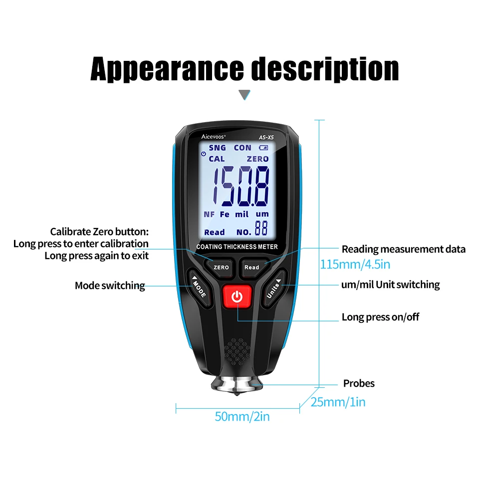 Aicevoos Coating Thickness Gauge Car Paint Film Thickness Tester Measuring Meter FE NFE for Automotive Metal Ceramic 0-1300um