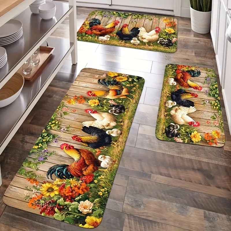Newest Doormat Wooden Board Rooster Chicken Floral Print Washable Non Slip Farm Kitchen Rug Set for Living Room Bedroom