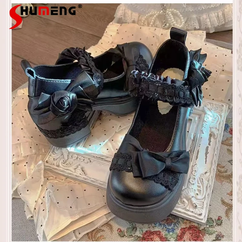 

Japanese Original Black Lace Bow Mary Jane Shoes For Women's Thick Sole Elegant Princess Style High Heels New Y2k Flats Ladies