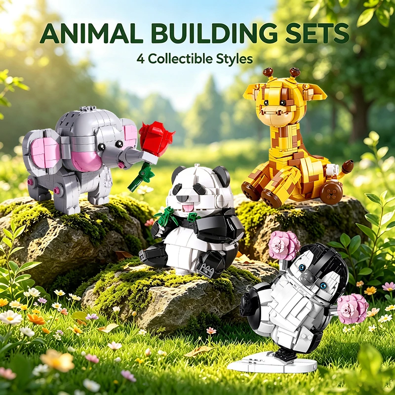 Animal Building Blocks Set Panda Giraffe Penguin Elephant Model Bricks DIY Assembly Toy Brick Toys Kids Collectible Gifts