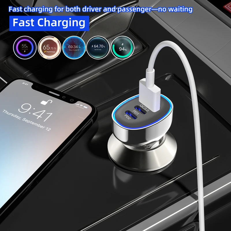 شاحن سيارة سريع Xiaomi 120 وات 2 في 1 USB C 30 وات + تيار متردد 30 وات شحن سريع 3.0 منفذ مزدوج عالمي 12 فولت 24 فولت لهواتف iPhone/Samsung/Android