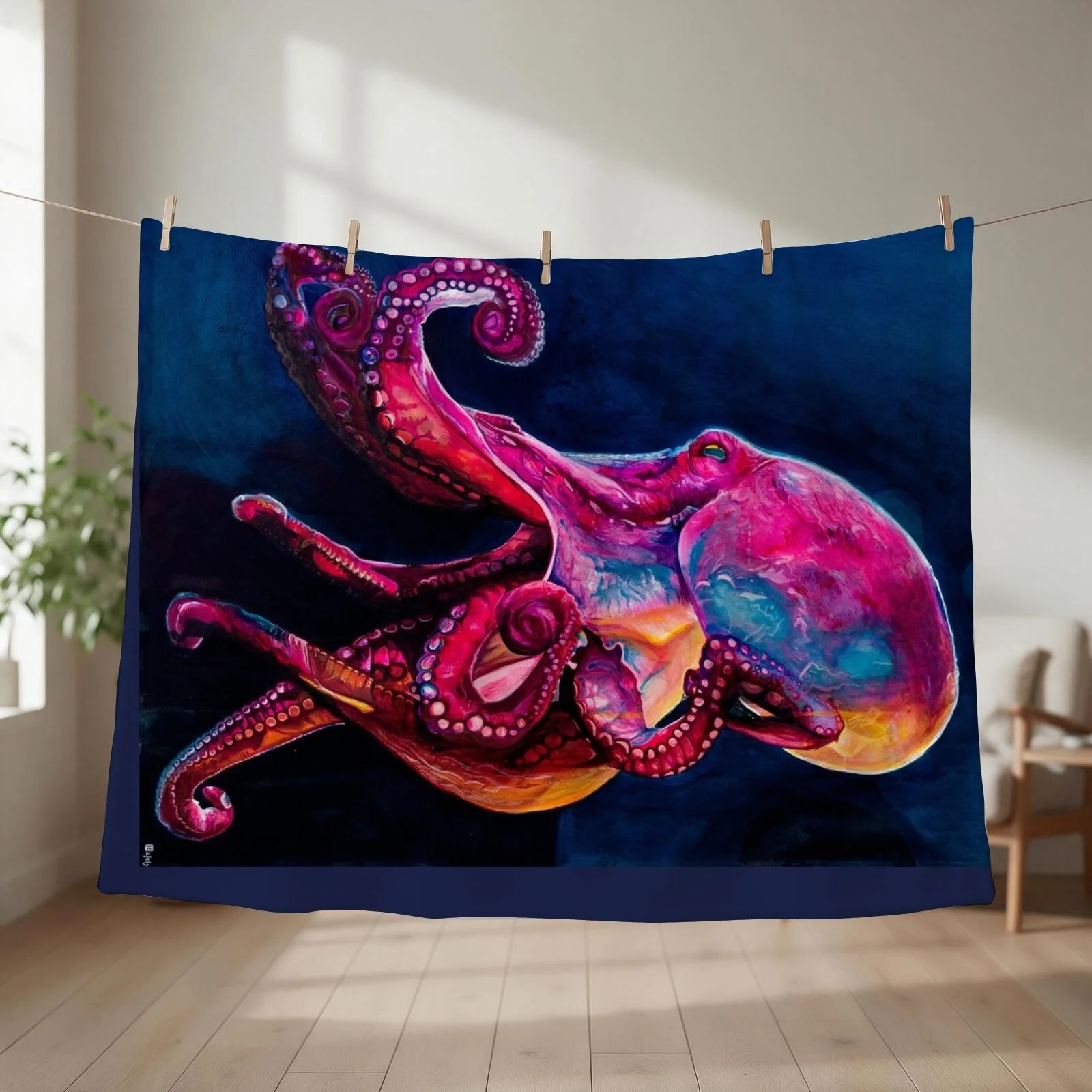 Deep colourful pink and blue octopus ink painting from the depths Throw Blanket