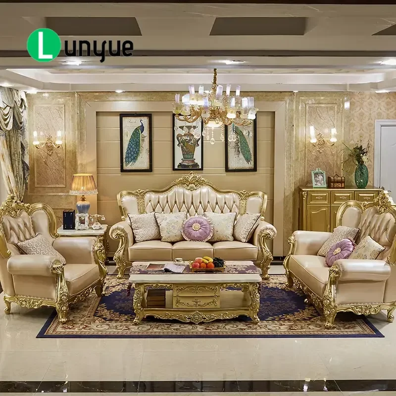 For American Solid Wood Carving Fabric Retro Style Sofa Set European Style Living Room Home Furniture