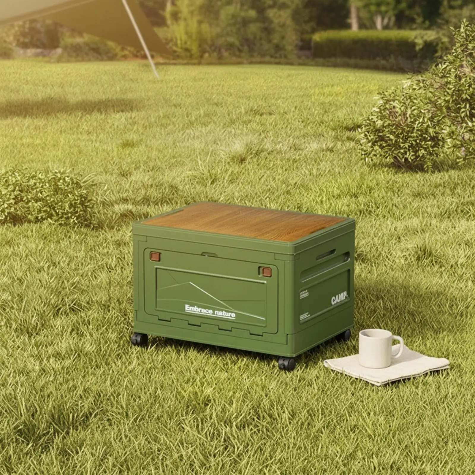 Space Saving Collapsible Storage Bin with Casters and Flat Surface for Serving Drinks Camping Equipment