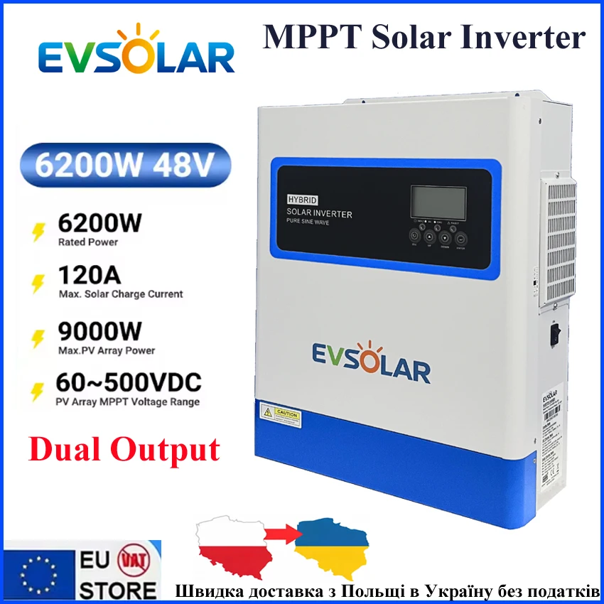 Onduleur solaire hybride MPPT 6200W 4200W à onde sinusoïdale pure, hors réseau, DC 24V 48V vers 230VAC PV 500V, avec contrôleur de charge solaire MPPT 120A intégré, 4.2KW 6.2KW