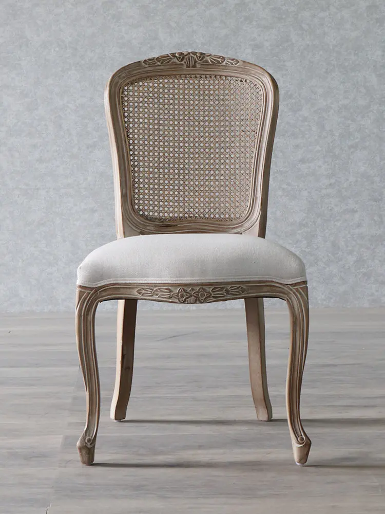 Solid wood carving flower dining chair rattan mesh backrest leather cotton and linen soft bag seat cushion designer chair