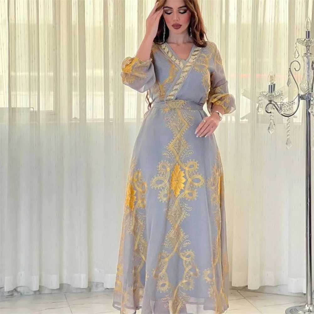 Mesh Embroidery Party Dress for Women 2024 Marocain Kaftan Dubai Abaya Muslim Islamic Clothing Saudi Arabic Robe Eid Jalabiya