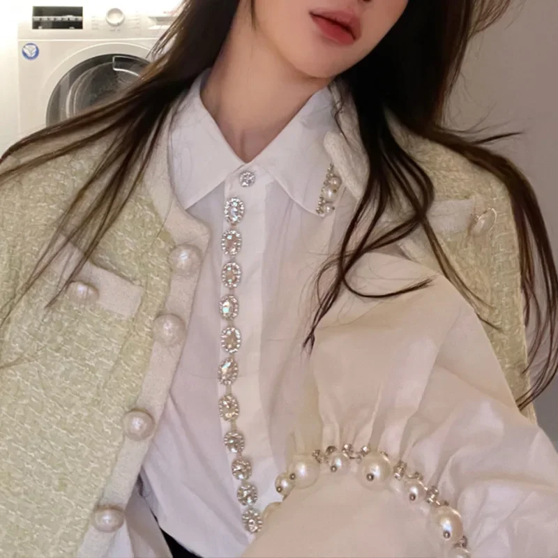 Female Spring 2024 New Diamond Top Beaded Bubble Sleeves Blouse Roupas Femininas Rhinestone White Shirt Blusas Mujer Loose