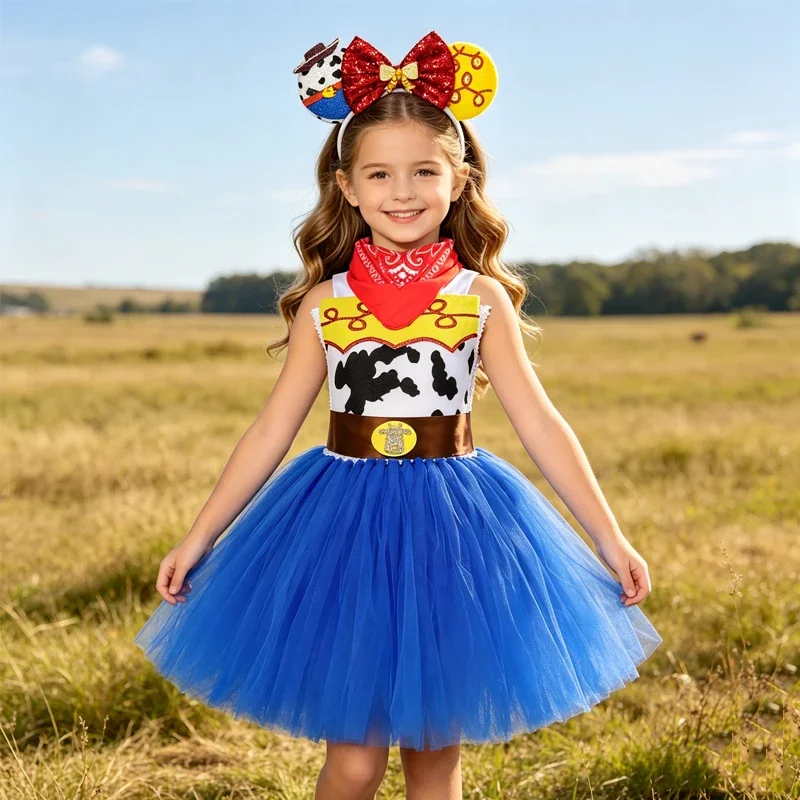 Mädchen Western-Ranch-Stil Trägerkleid mit Tüllrock-Set, Kuh-Print-Kleid, Kinder-Halloween-Kostüm Geburtstagskleid – Detail 8
