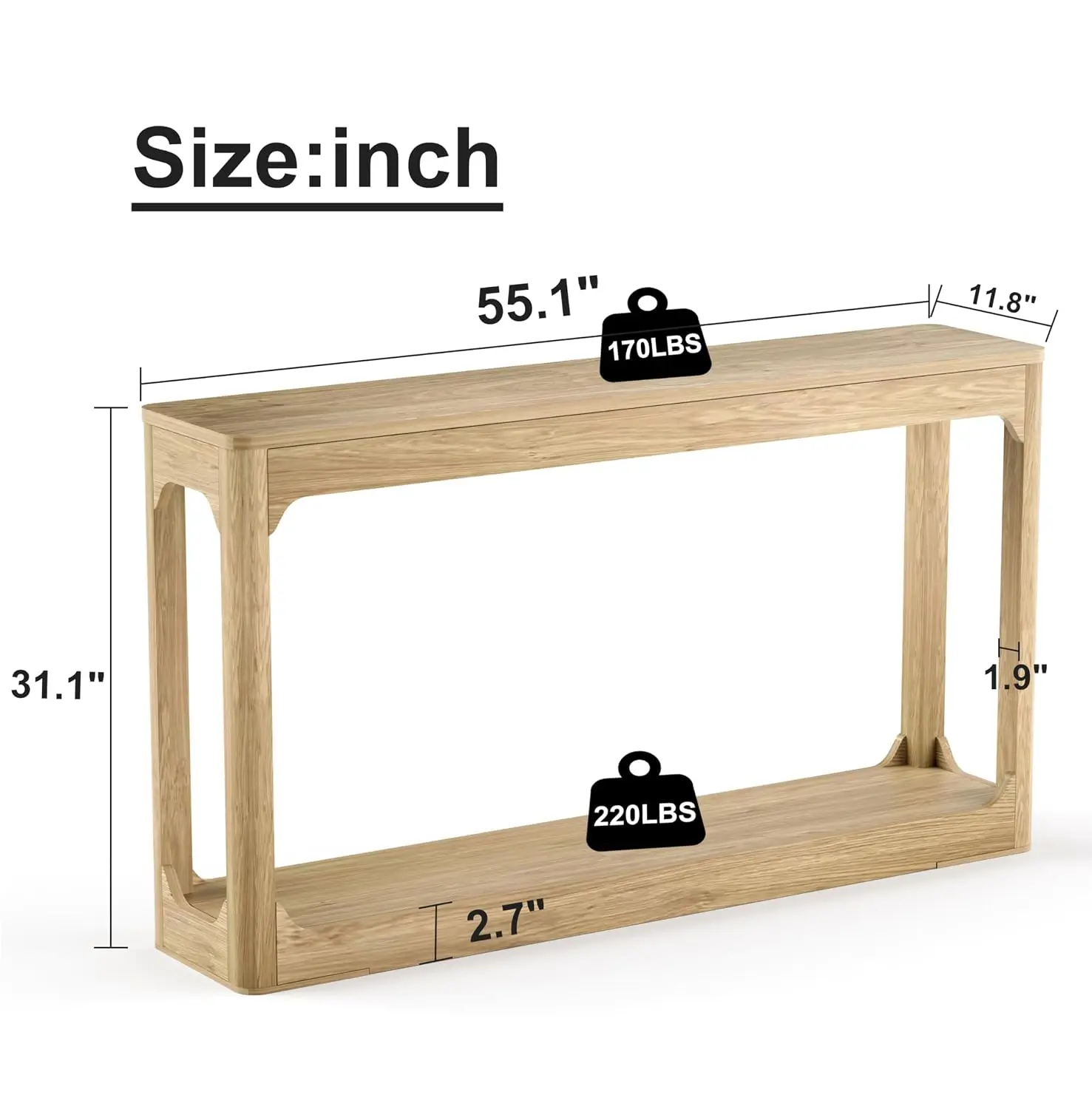 Narrow Console Entryway Table, 55-Inch Sofa Table with 2-Tier Storage Shelf, Customized