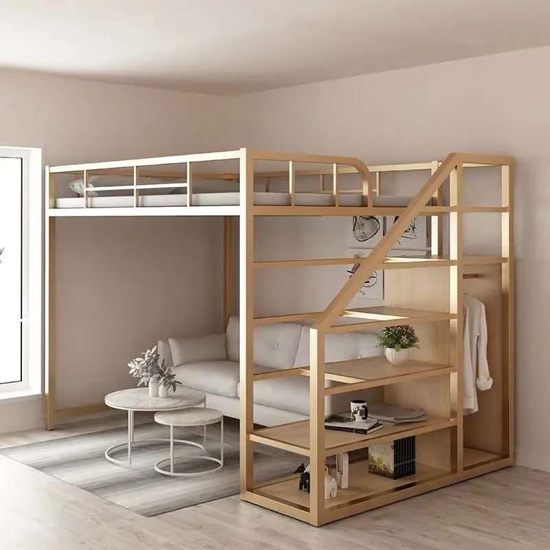 

Double-deck multifunctional wrought iron bed, high-low bed, hammock and space-saving elevated bed for small apartment complex