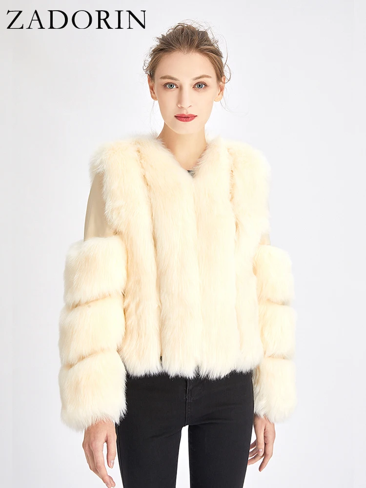 ZADORIN Europe Fashion Fur Jackets for Women Elegant Fluffy Black Faux Fox Fur Coat Women Splicing Faux Fur Jacket Winter Coats