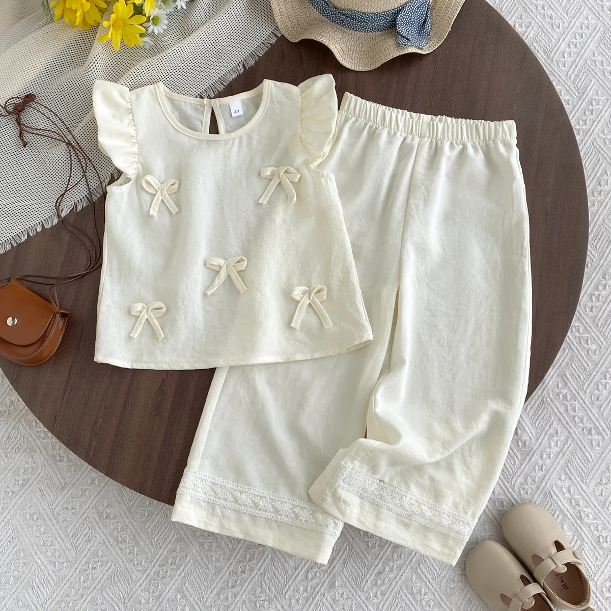 Kids Clothing Sets New Summer Girls Casual Suits Flying Sleeve Bow Vest+Lace Wide Leg Pants Girl Clothing 3-7Y