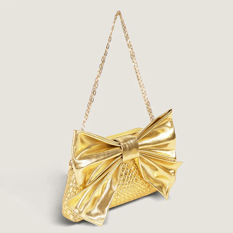 Luxury Gold Silver Leather Handbag 2024 New Sweet PU Bow Knot Clutch Metal Chain Crossbody Bag Funky Y2K