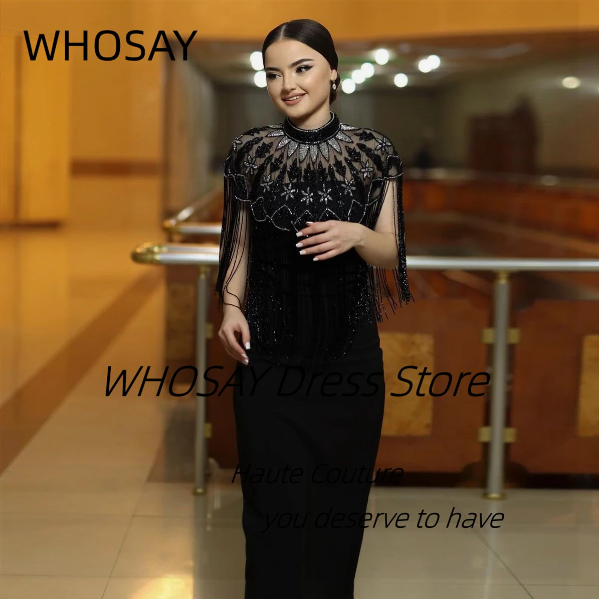 WHOSAY Black Prom Dresses Luxury Beading Tassels Wraps Pageant Party Saudi Arabia Ankle Length Bride Evening Gowns image 3