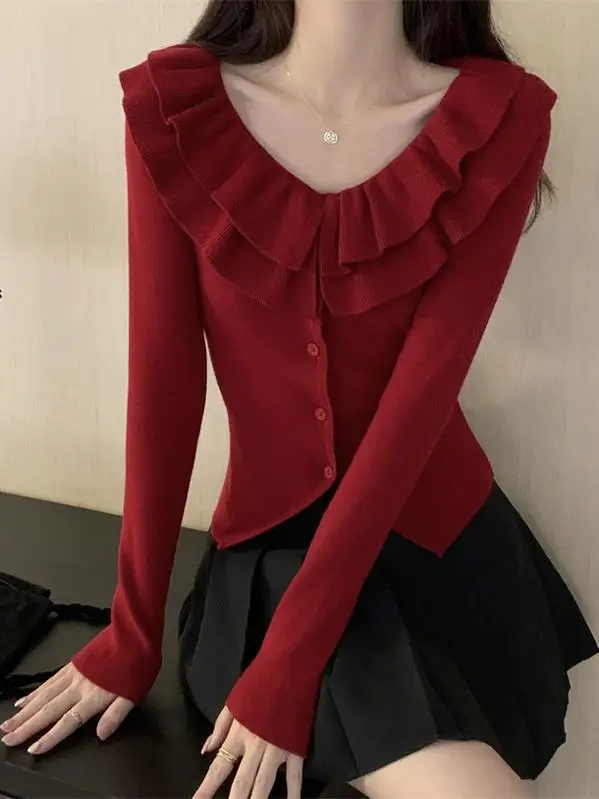Red Knitted V-Neck Short Sweater Coat Women's Slim Fit Vintage Style Commute Fashion Embellished Sleeve Long Autumn Winter