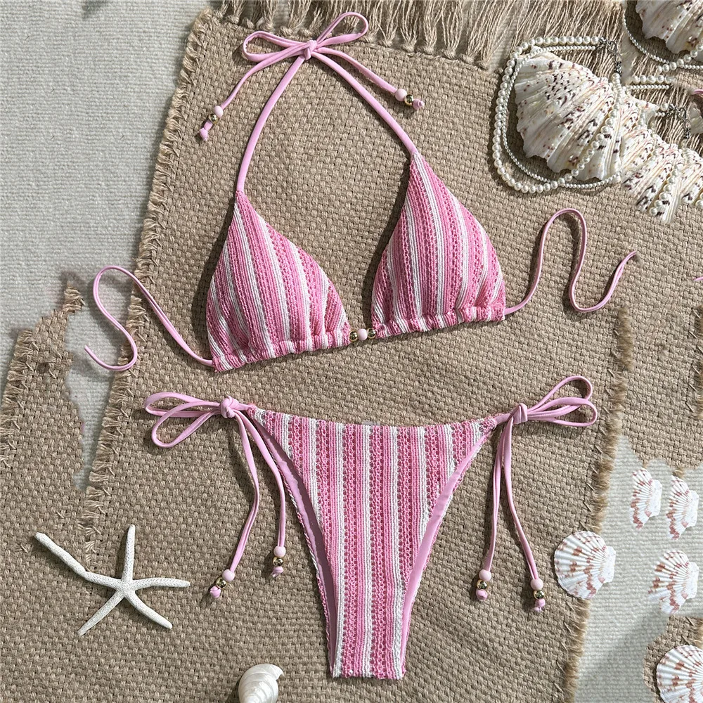 

Розовый полосатый купальник-бикини с принтом, на бретельках, с треугольными чашечками, микро-стринги, сексуальный, женский, 2026, с бусинами
