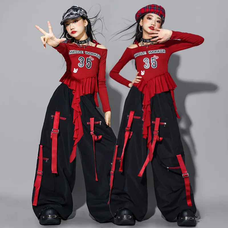 Girls K-pop Red Off Shoulder Crop Top Knit Cargo Pants ‌Kids Hip Hop Streetwear ‌Skirt Child Jazz Girl Group Dance Clothes Sets