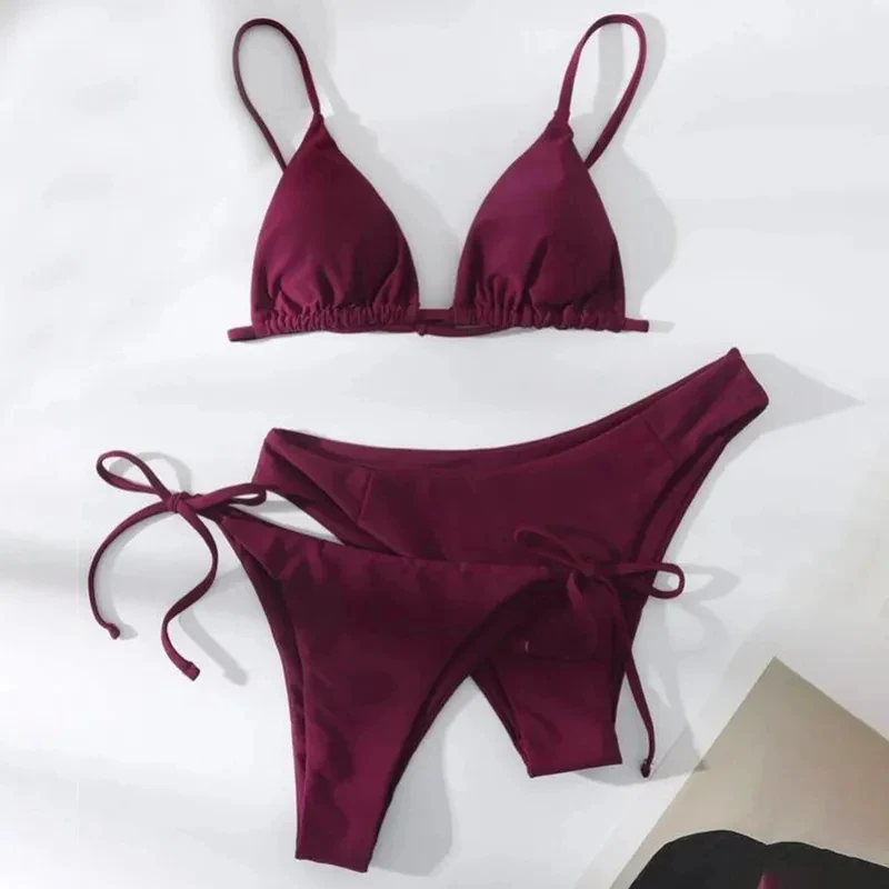 

Women's Summer Fashion Sexy Basic Solid Color Backless Lace-up High Waist Adjust Buckle Sling Bikini Three-pieces Swimsuit