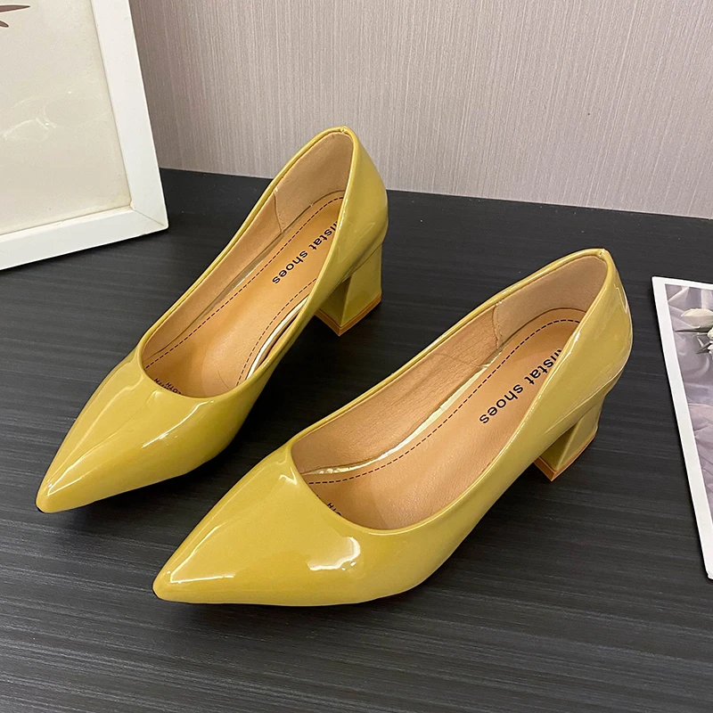 Women's fashion thick heel shoes autumn new pointy light mouth solid color patent leather slip-on comfortable high heels