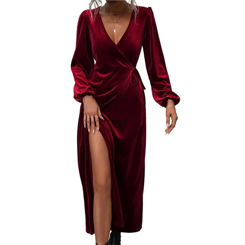 

CYL-Women's Long Sleeve Velvet Dress V Neck Holiday Cocktail Party Semi Formal Midi Dresses