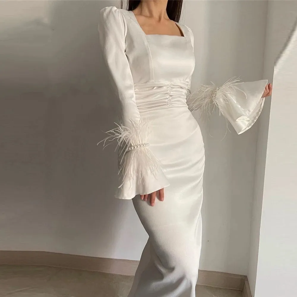 

Modest White Satin Arabic Evening Dresses Long Sleeves Feathers Pearls Square Collar Mermaid For Women Formal Porm Dresses