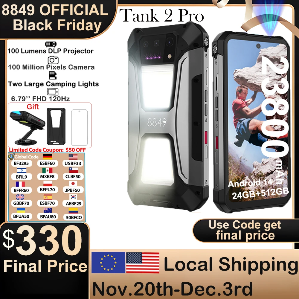 8849 Tank 2 PRO Rugged Smartphone with Projector  6.79" 2.4K Display 24GB 512GB Mobile Phone 23800mAh 120W Android 14 Phone