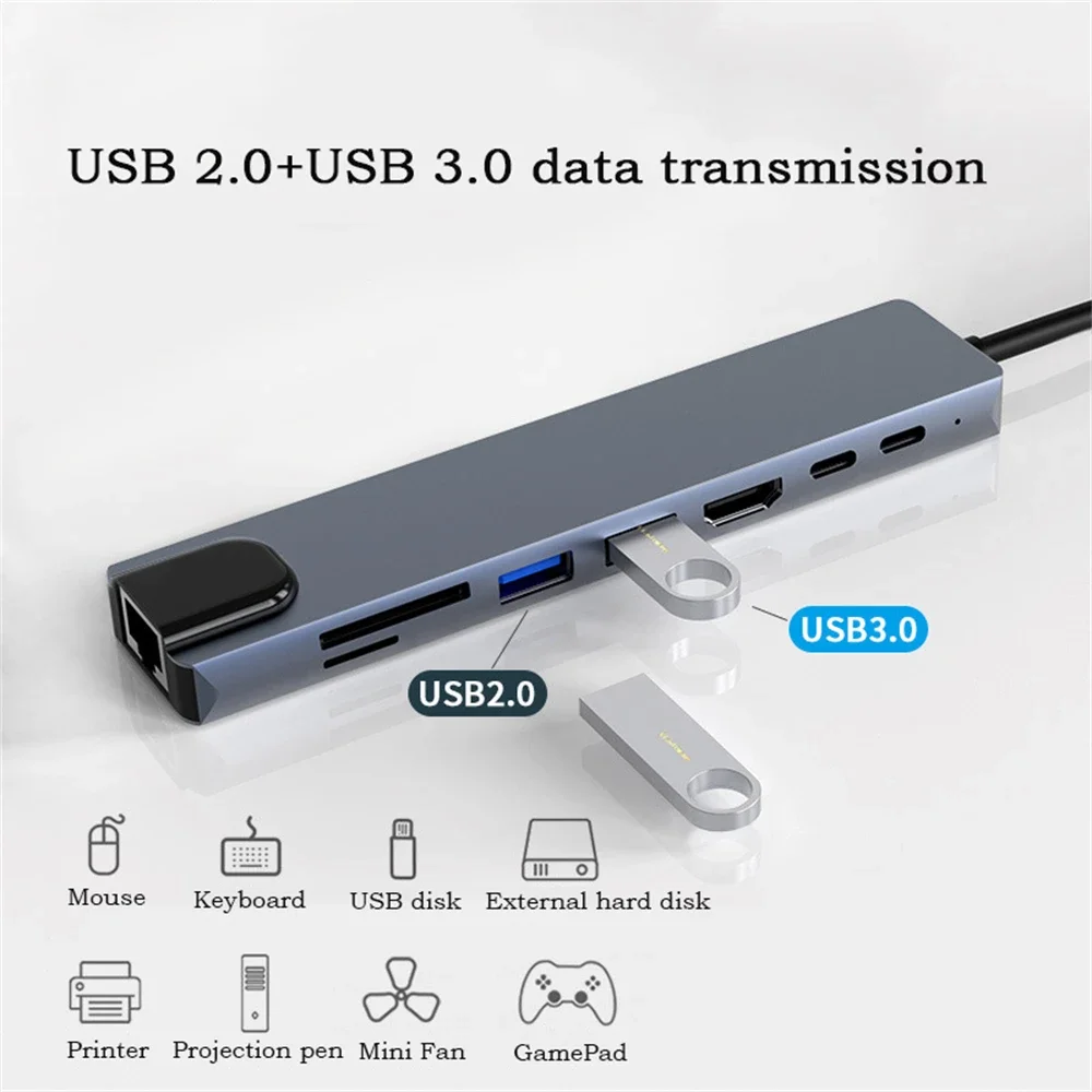 USB C 8 In 1 Hub Type C 3.1 To 4K HD Adapter with RJ45 SD TF Card Reader PD Fast Charge for MacBook Notebook Laptop Computer