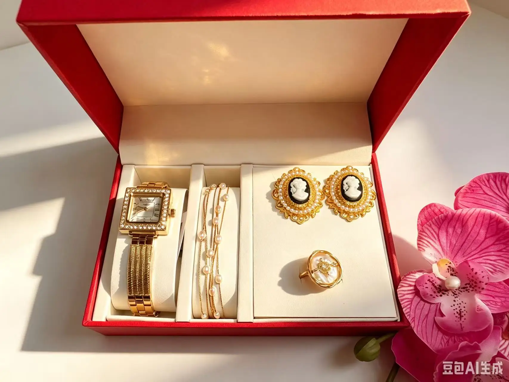 Gift Set (2) Women's Quartz Watch+Necklace+Earrings+Ring+Gift Box, Holiday Birthday Gift