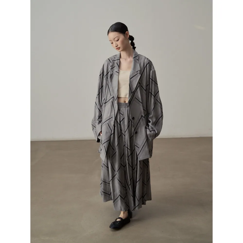 

SuperAen Chinese-style Cotton and Linen Printed Loose Notched Jacket Loose High Waist A-line Skirt Two Pieces Sets